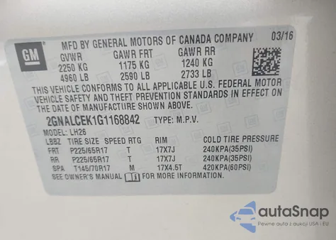 2016 Chevrolet Equinox Lt z USA, uszkodzony, nr VIN 2GNALCEK1G1168842